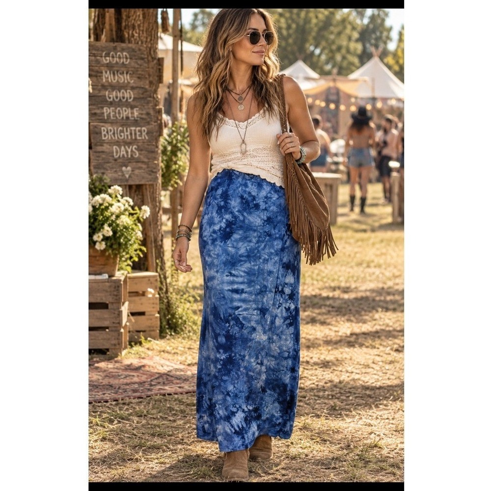 Tryst Tie Dye Festival Boho Flowy Maxi Skirt Size Large Hippie Peasant